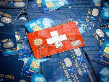 Credit card of swiss bank on the heap of other different cards. Opening a bank account in Switzerland. 3d illustration