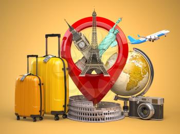 Tourism and travel concept. Pin pointer with famous tourist attractions, camera, suitcases and airplane. Eiffel tower, big ben, statue of liberty and coliseum. 3d illustration