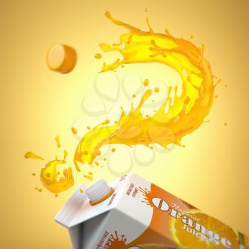 Orange jjuice splash in form of question mark and packaging of tetra pack or carton box. FAQ on the choice of orange juice and its properties concept. 3d illustration