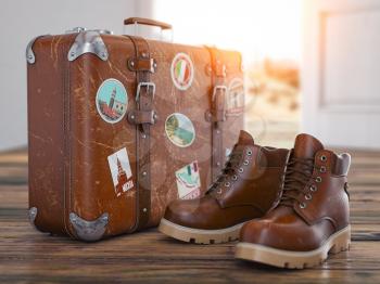 Welcome home, homecoming, travel and tourism concept. Vintage suitcase with old boots  in front of open door, 3d illustration