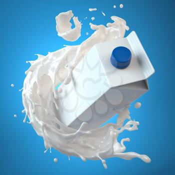 Mockup of milk tetra pack. Carton box  or packaging and splash of milk on blue background. 3d illustration