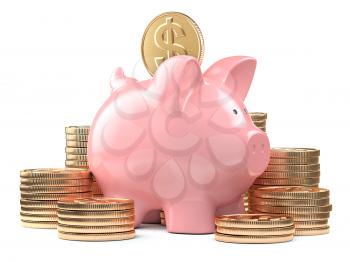Piggy bank and stacks of golden coins isolated on white. Concept of finance, savings and investitions. 3d illustration