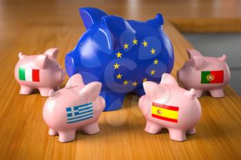 European crisis countries concept. Piggy bank in colors of EU european union flag as symbol of european budget with piggy banks of Spain, Portugal, Italy and Greece 3d illustration