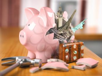 Travel, tourism, planning budget of a  rip or vacation concept.  Broken piggy bank and most popular landmarks of the world. 3d illustration
