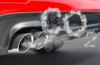 Car pipe with co2 carbon dioxide emissions. Combustion fumes coming out of car exhaust pipe. 3d illustration