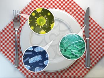 Dirty kitchen utensils  and food bactery concept. Utensils plate, fork and spoon with bacteries and viruses. 3d illustration