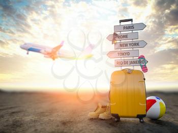 Yellow suitcase and signpost with travel destination, airplane.Tourism and  travel concept background. 3d illustration
