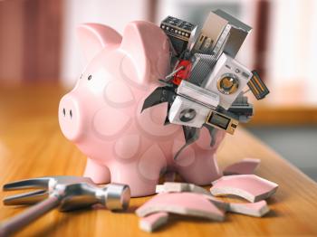Piggy bank and appliances. Savings to buy home appliances. 3d illustration