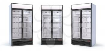 Set of empty showcase refrigerators in the grocery shop. Fridge with glass door isolated on white.  3d illustration