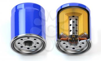Car oil filter isolated on white background. Cross section. 3d illustration