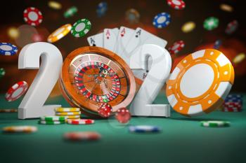 2020 Happy New Year in casino. Numbers 2020 from roulette and casino chips with dice and card on green table. 3d illustration