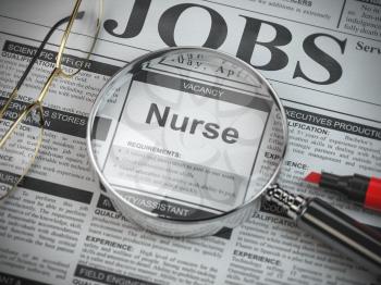 Nurse vacancy in the ad of job search newspaper with loupe. 3d illustration