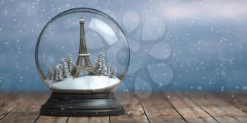 Eiffel tower in the snow globe glass ball. Travel or trip to Paris and France in winter for celebrate Christmas. 3d illustration