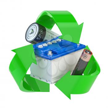 Recycle sign with different types of batteries and car batter. Ecology and green energy concept. 3d illustration