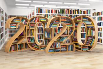 2020 new year education concept. Bookshelves with books in the form of text 2020 in school library. 3d illustration