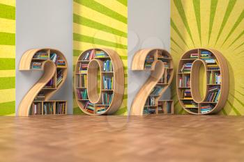 2020 new year education concept. Bookshelves with books in the form of text 2020. 3d illustration