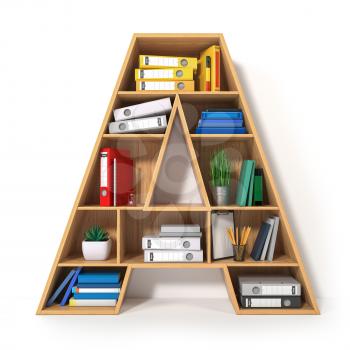 Letter A. Alphabet in the form of shelves with file folder, binders and books isolated on white. Archival, stacks of documents at the office or library. 3d illustration