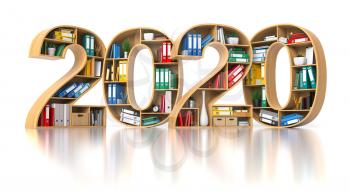 2020 new year in archive or office concept. Shelvs with binders and folders in the form of text 2020. 3d illustration