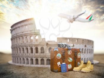 Flight to Rome, Italy.Vintage suiitcase with symbols of Rome Coliseum. Travel and tourism concept. 3d illustration