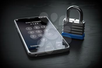 Smartphone personal data protection and mobile phone security concept. Smartphone and lock. 3d illustration