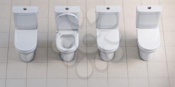 Row of toilet bowls. All are closed and one is open. 3d illustration
