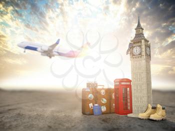 Flight to London, Great Britain.Vintage suiitcase with symbols of UK London, Big Ben and red booth. Travel and tourism concept. 3d illustration