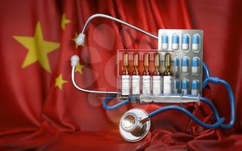 Healthcare and pharmacy in China concept. Pills, vaccine, syrringe and stethoscope in China flag. 3d illustration