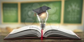 Education, learning on school and university or idea concept. Open book with light bulb and graduation cap on classroom blackboard background. 3d illustration