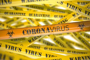 Coronavirus caution on yellow warning tape. Viral epidemyic and apndemic in China. 3d illustration