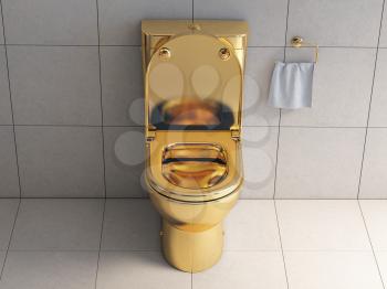 Golden toilet bowl in wc. 3d illustration