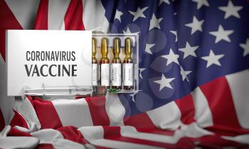 Coronavirus vaccine on flag of USA. Box with vials and syringe. 3d illustration