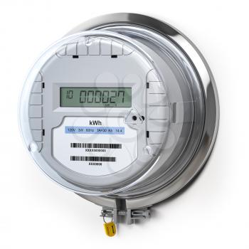 Digital electric meter with lcd screen isolated on white. Electricity consumption concept. 3d illustration