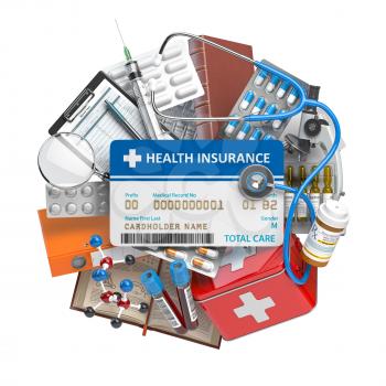 Health insurance card with medical supplies and equipment, pills, drugs and first aid kit. 3d illustration