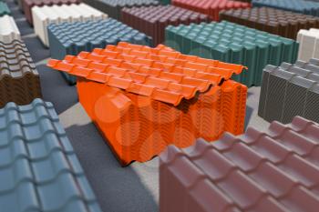 Stacks of metal tile sheets of different colors in the warehouse for roof construction. 3d illustration