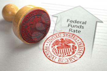 Federal funds rate increase. Arrow with growth of federal fund rate and stamp of federal reserve FRS symbol. 3d illustration