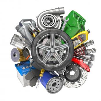 Car parts, spares and accesoires. Auto service and car repair workshop concept. 3d illustration