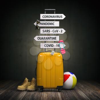 Coronavirus crisis in travel and tourism industry concept.  Suitcase and arrows with  travel directions closed due to pandemic. 3d illustration