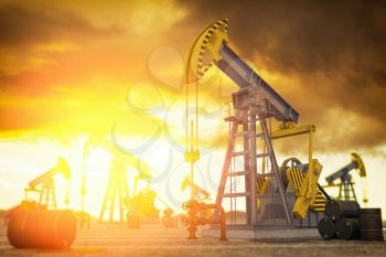 Oil pump jack and oil barrels. Oil production and extraction concept. 3d illustration