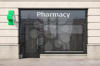 Pharmacy store or drugstore exterior design. 3d illustration
