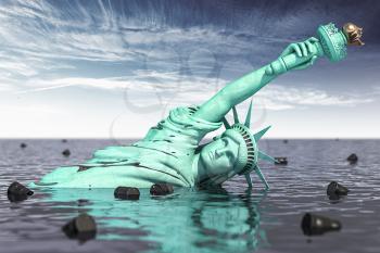 Oil industry crissi in USA. Statue of Liberty in oil with barrels. 3d illustration