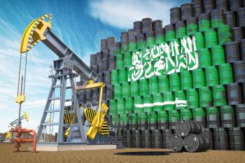 Oil production and extraction in Saudi Arabia. Oil pump jack and oil barrels with Saudi Arabia flag. 3d illustration