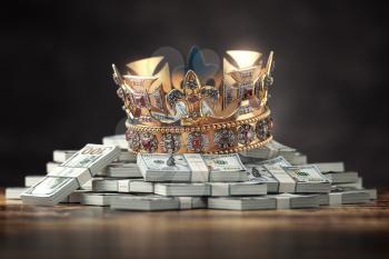 Gloden crown on a stack of hundreds of dollars. Business, investment financial concept. 3d illustration