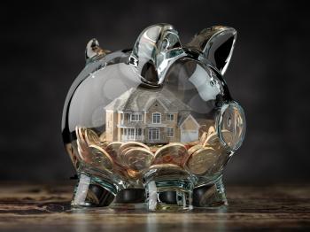 Glass piggy bank with coins and house. Mortgage, savings for real estate or to buy a house concept. 3d illustration