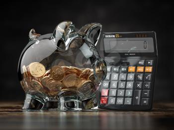Savings, investment, credit calculator and accounting financial concept. Piggybank with calculator. 3d illustration