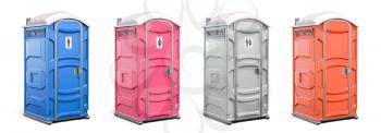 Portable plastic toilet or public facilities of different colors isolated on white. 3d illustration