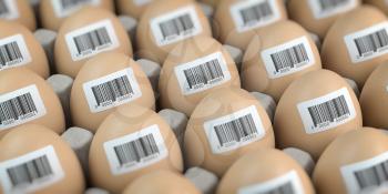 Chicken eggs with barcode stickers. Quality control concept. 3d illustration
