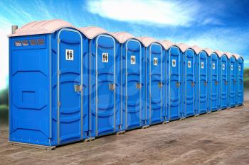 Portable plastic toilets in a row. 3d illustration