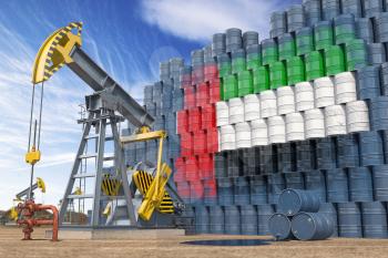 Oil production and extraction in UAE United Arab Emirates. Oil pump jack and oil barrels with flag of UAE. 3d illustration
