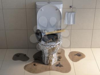 Clogged overflowing toilet bowl with rubber plumber. 3d illustration