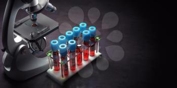 Blood test samples tubes and microscope on black background. Healthcare, medical laboratory concept. 3d illustration